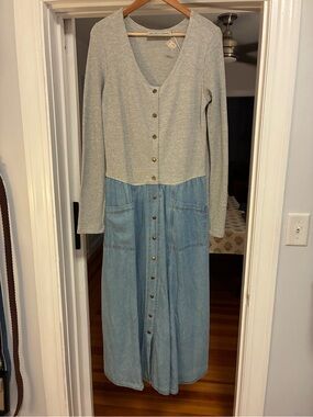 Vintage Two-Tone Midi Dress with Knit Bodice and Denim Skirt